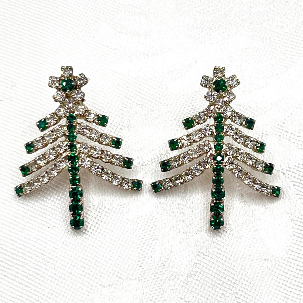 Vintage Prong Set Green & Clear Rhinestone Christmas Tree Pierced Earrings